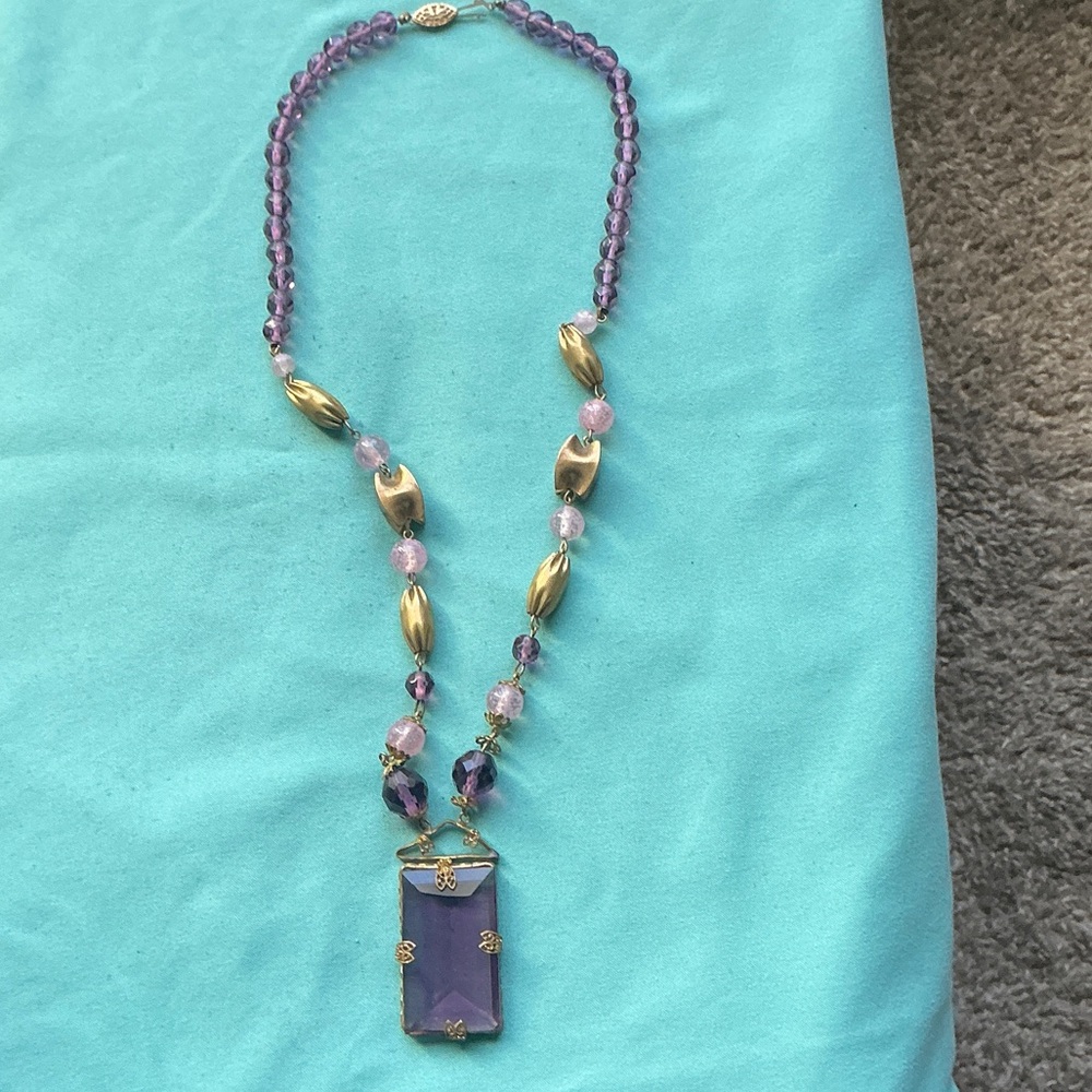 Vintage Amethyst, rose quartz, gold toned beaded necklace